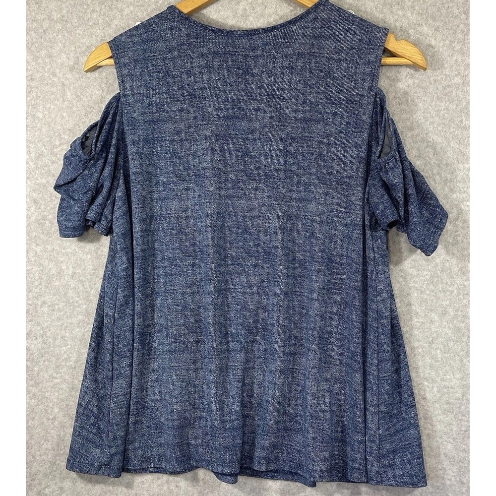 Ava James Women's Large Blouse Blue Lace Peep Shoulder Flutter Sleeve Flowy - Picture 8 of 8